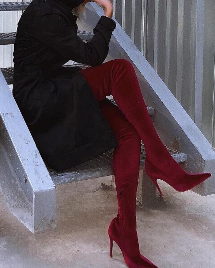 Velvet Over The Knee Stiletto Boots - Wine Red
