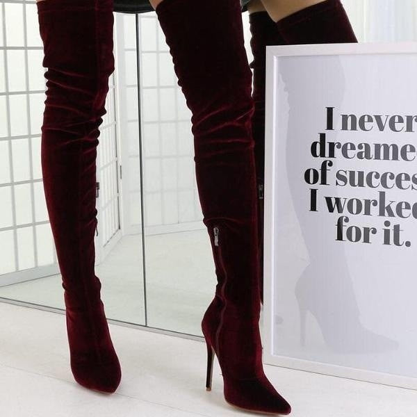 Velvet Over The Knee Stiletto Boots