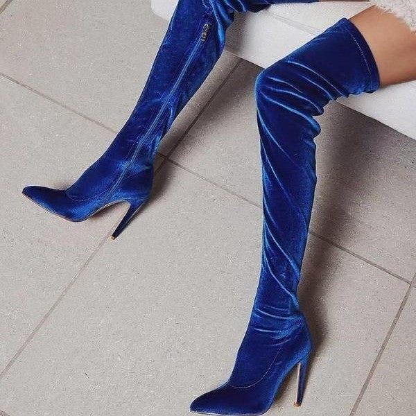 Velvet Over The Knee Stiletto Boots