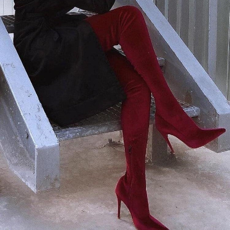 Velvet Over The Knee Stiletto Boots