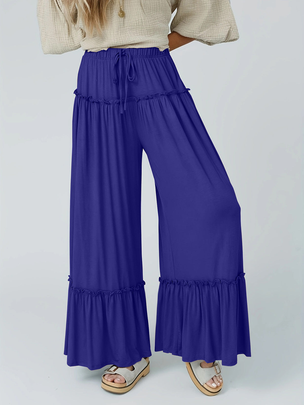 Tiered Ruffle Wide Leg Boho Palazzo Pants - Blue