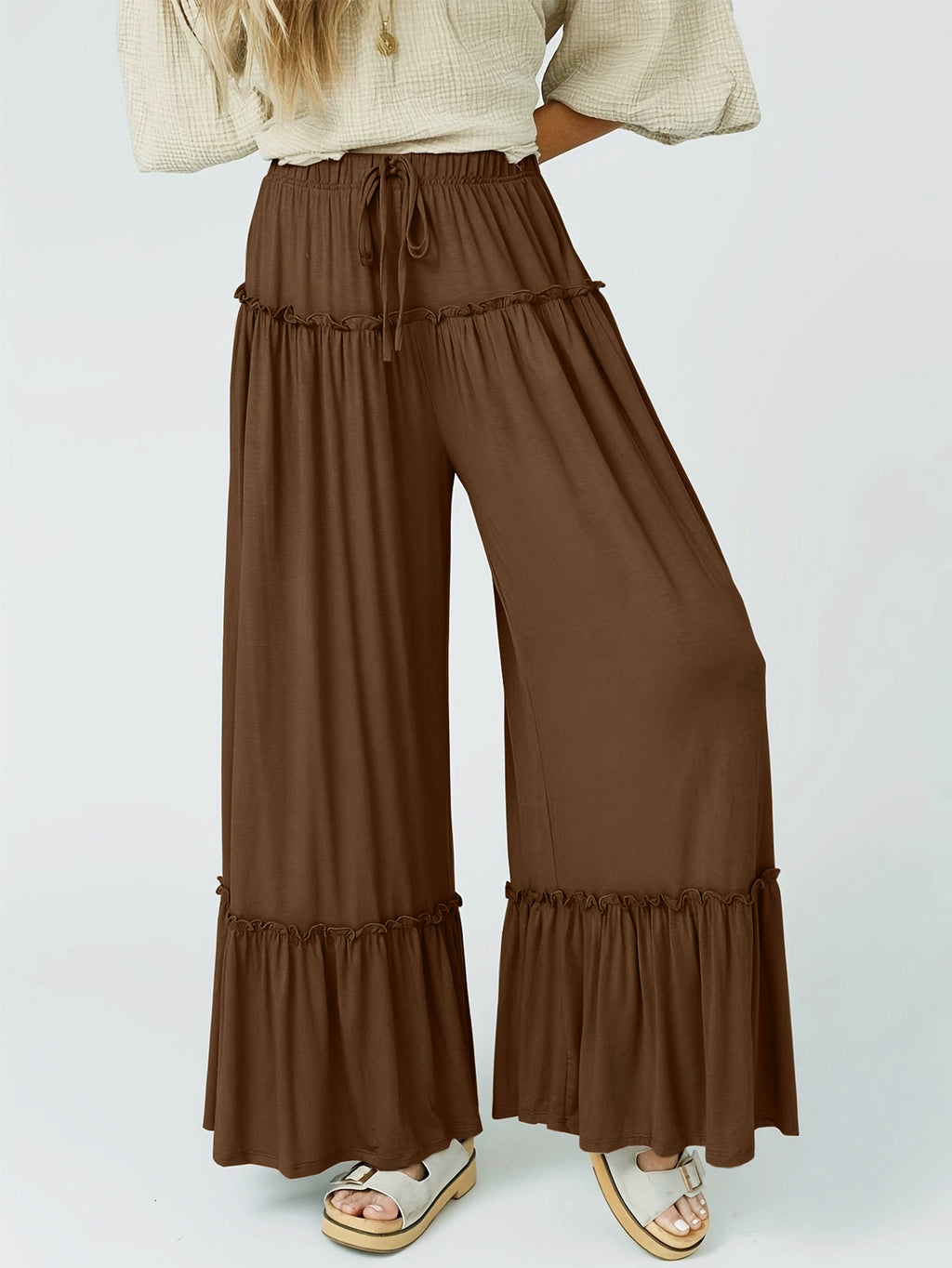 Tiered Ruffle Wide Leg Boho Palazzo Pants - Coffee