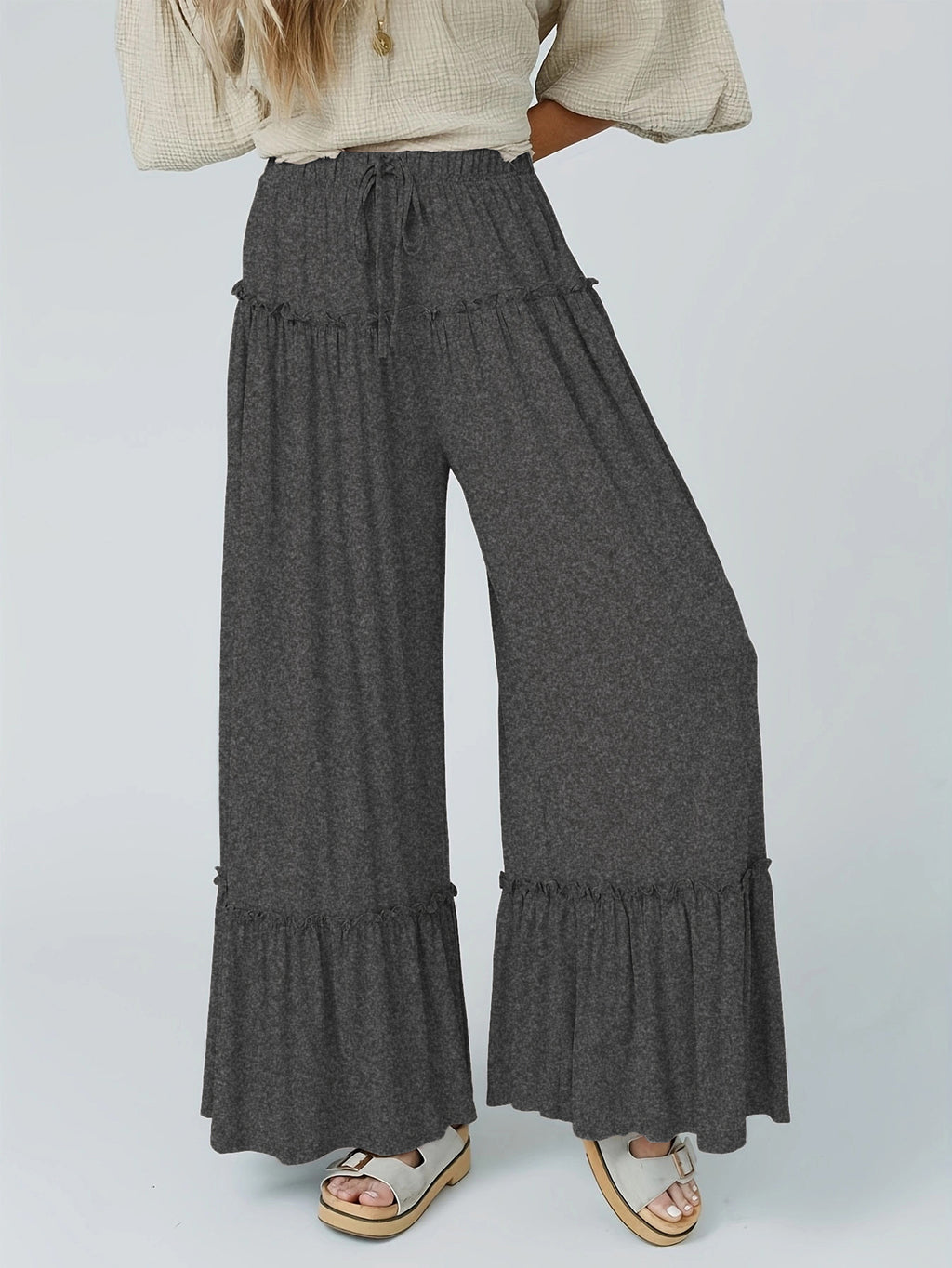 Tiered Ruffle Wide Leg Boho Palazzo Pants - DarkGray