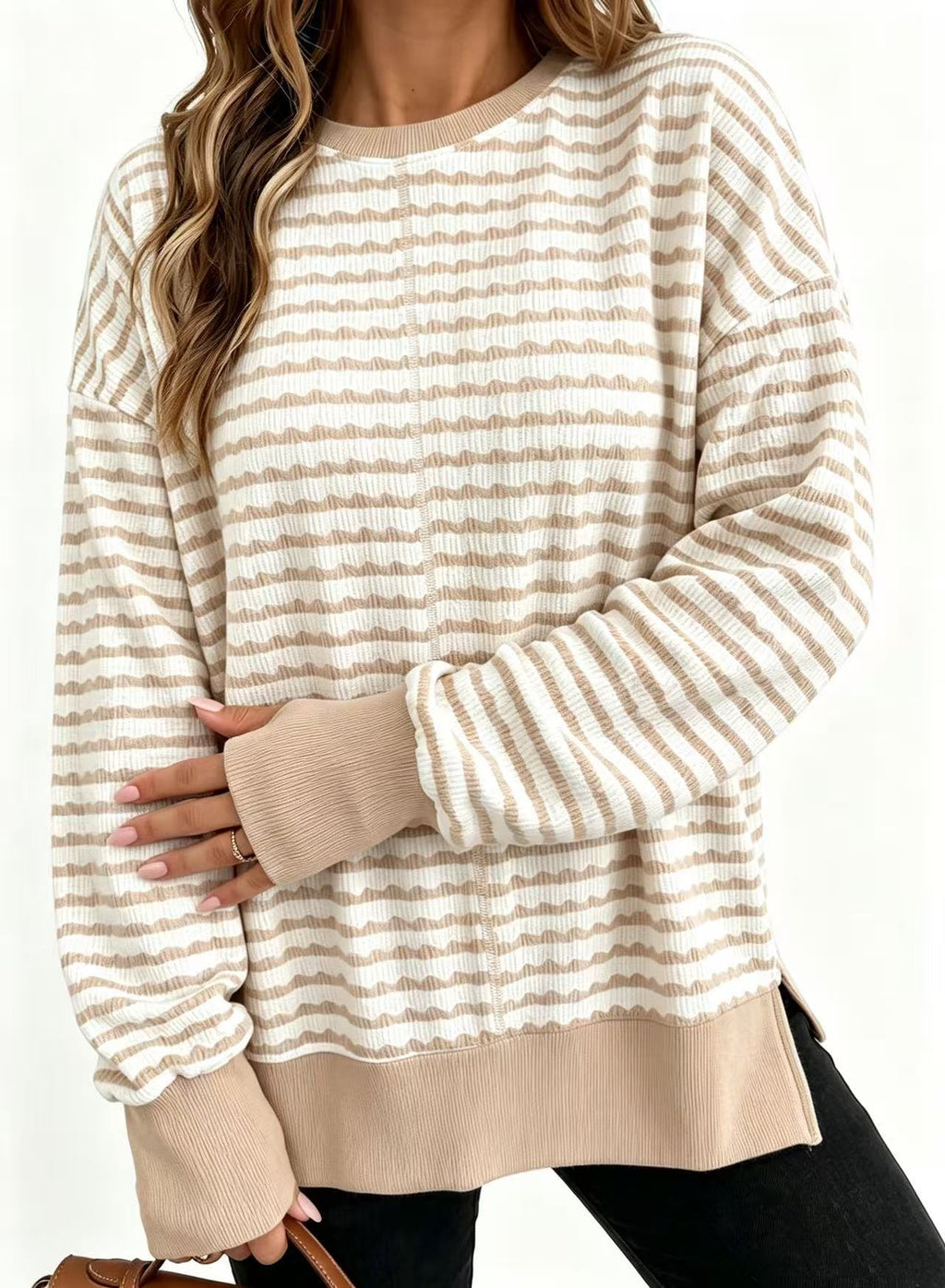 Textured Stripe Sweatshirt With Ribbed Contrast Trim - Apricot