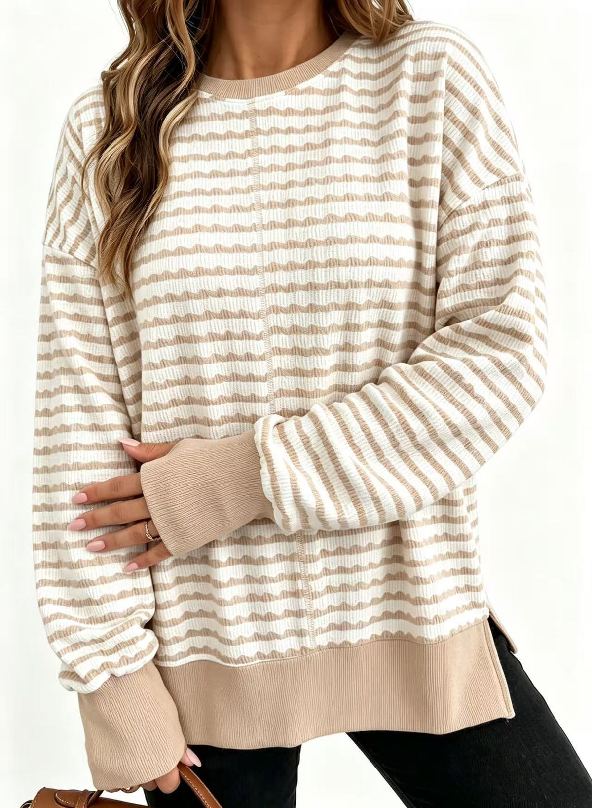 Textured Stripe Sweatshirt With Ribbed Contrast Trim - Apricot