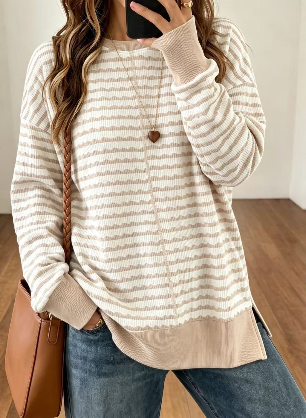 Textured Stripe Sweatshirt With Ribbed Contrast Trim - Apricot - 1