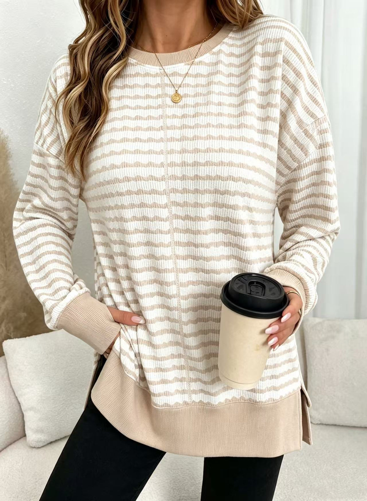 Textured Stripe Sweatshirt With Ribbed Contrast Trim - Apricot - 2