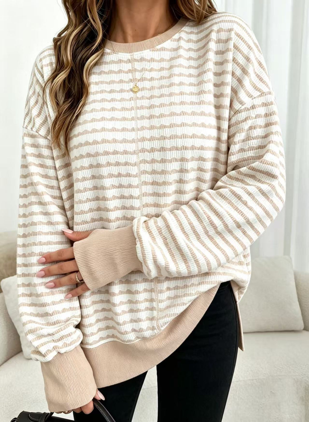 Textured Stripe Sweatshirt With Ribbed Contrast Trim - Apricot - 4