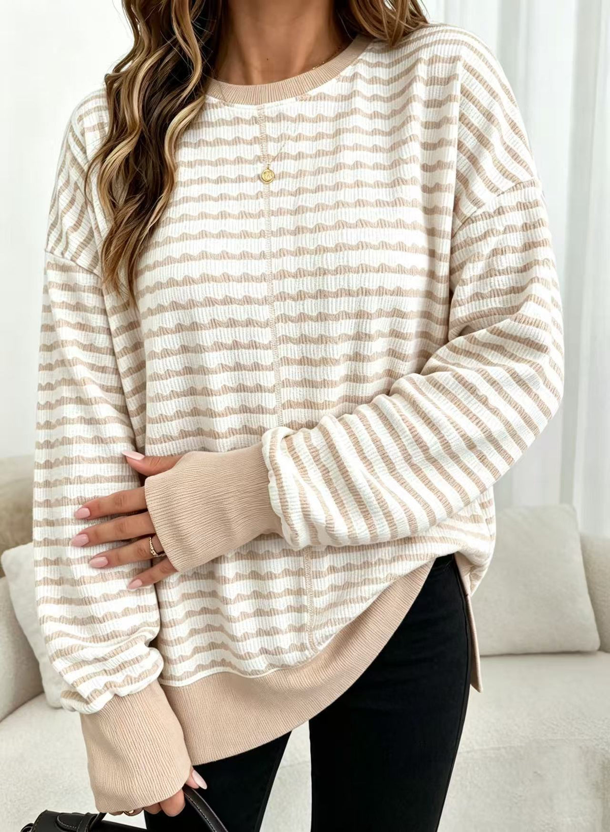 Textured Stripe Sweatshirt With Ribbed Contrast Trim - Apricot - 4