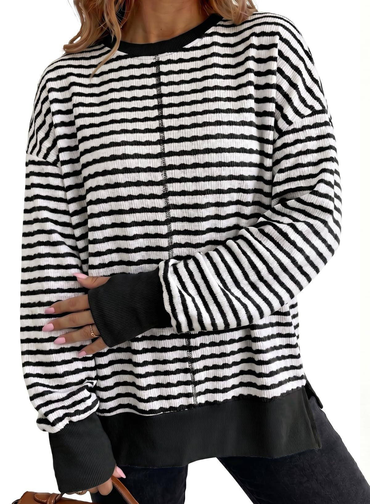 Textured Stripe Sweatshirt With Ribbed Contrast Trim - Black