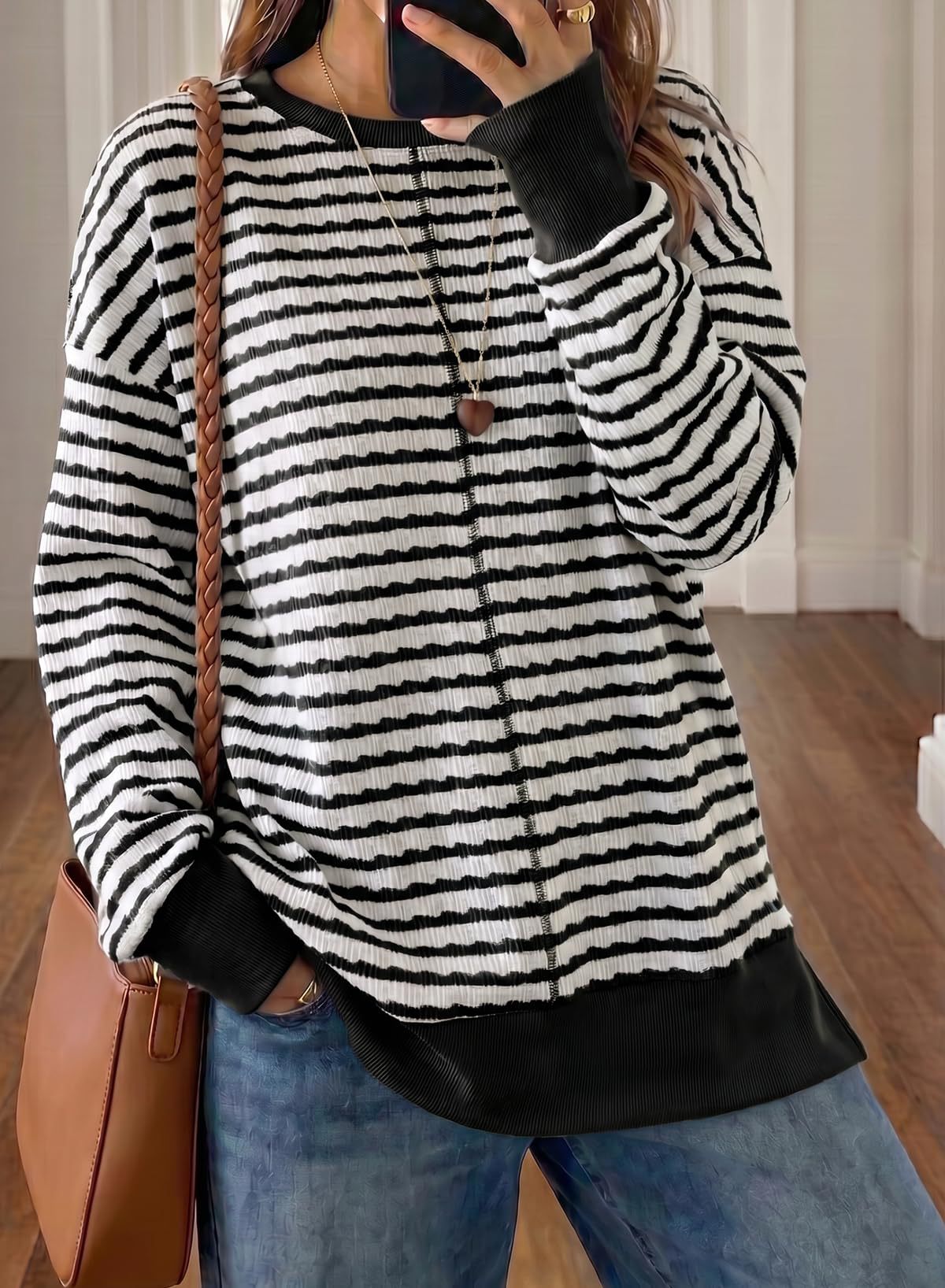 Textured Stripe Sweatshirt With Ribbed Contrast Trim - Black - 1