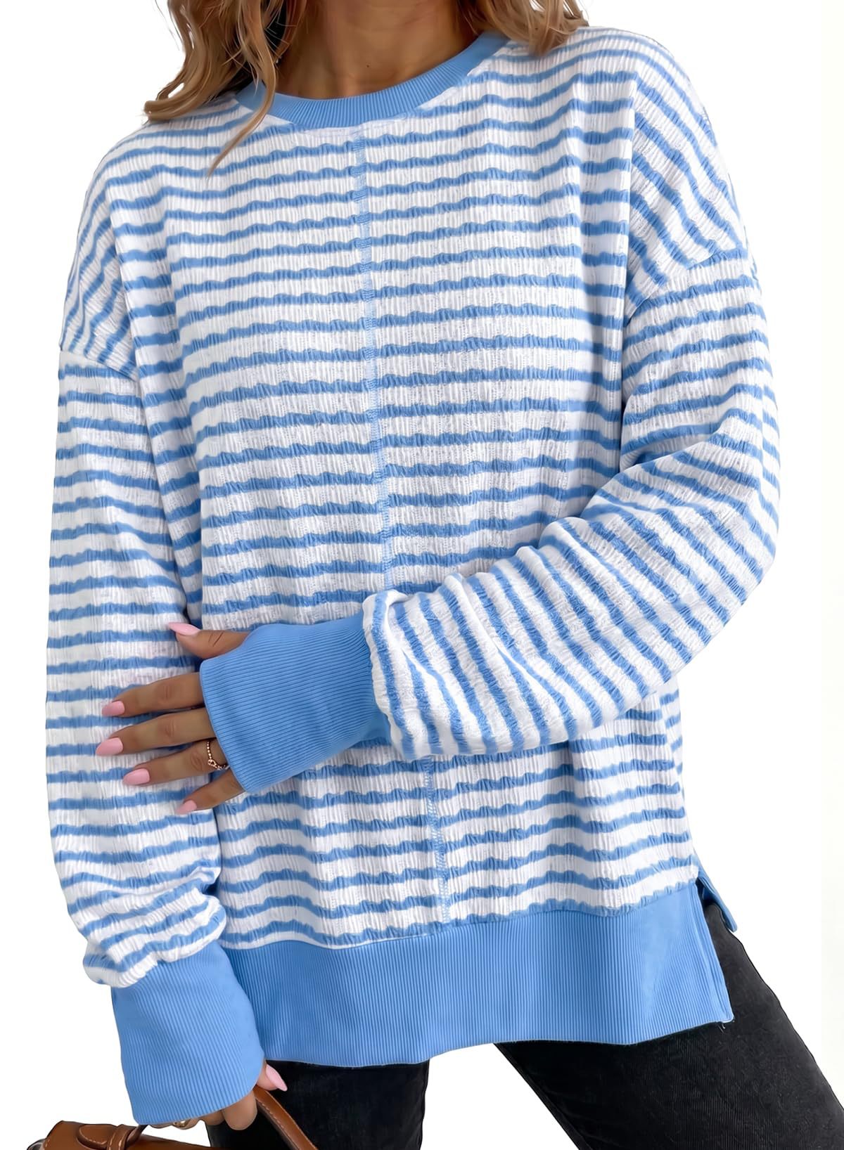 Textured Stripe Sweatshirt With Ribbed Contrast Trim - Blue