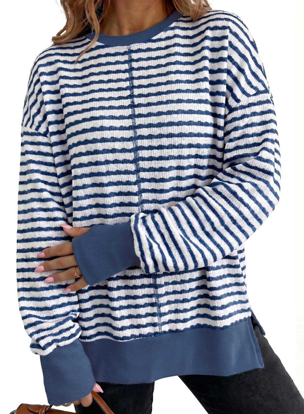 Textured Stripe Sweatshirt With Ribbed Contrast Trim - Navy