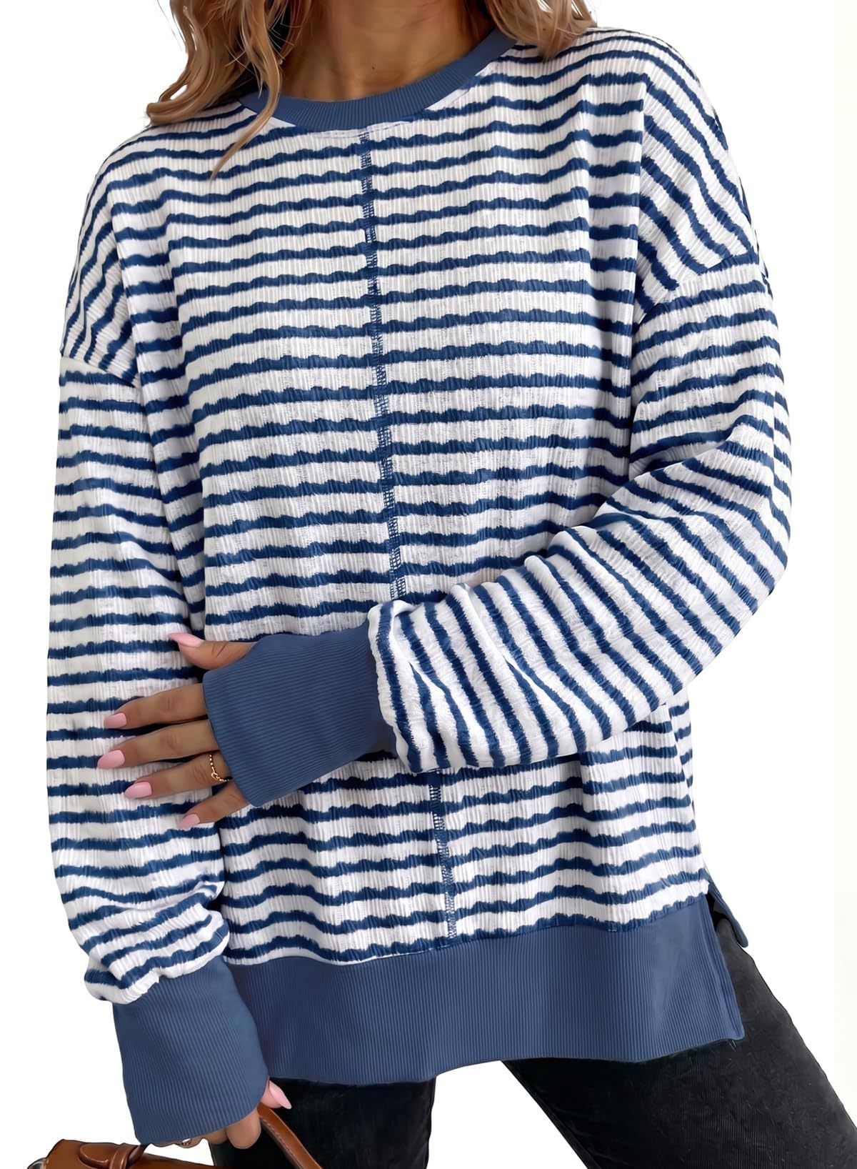 Textured Stripe Sweatshirt With Ribbed Contrast Trim - Navy
