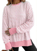 Textured Stripe Sweatshirt With Ribbed Contrast Trim - Pink