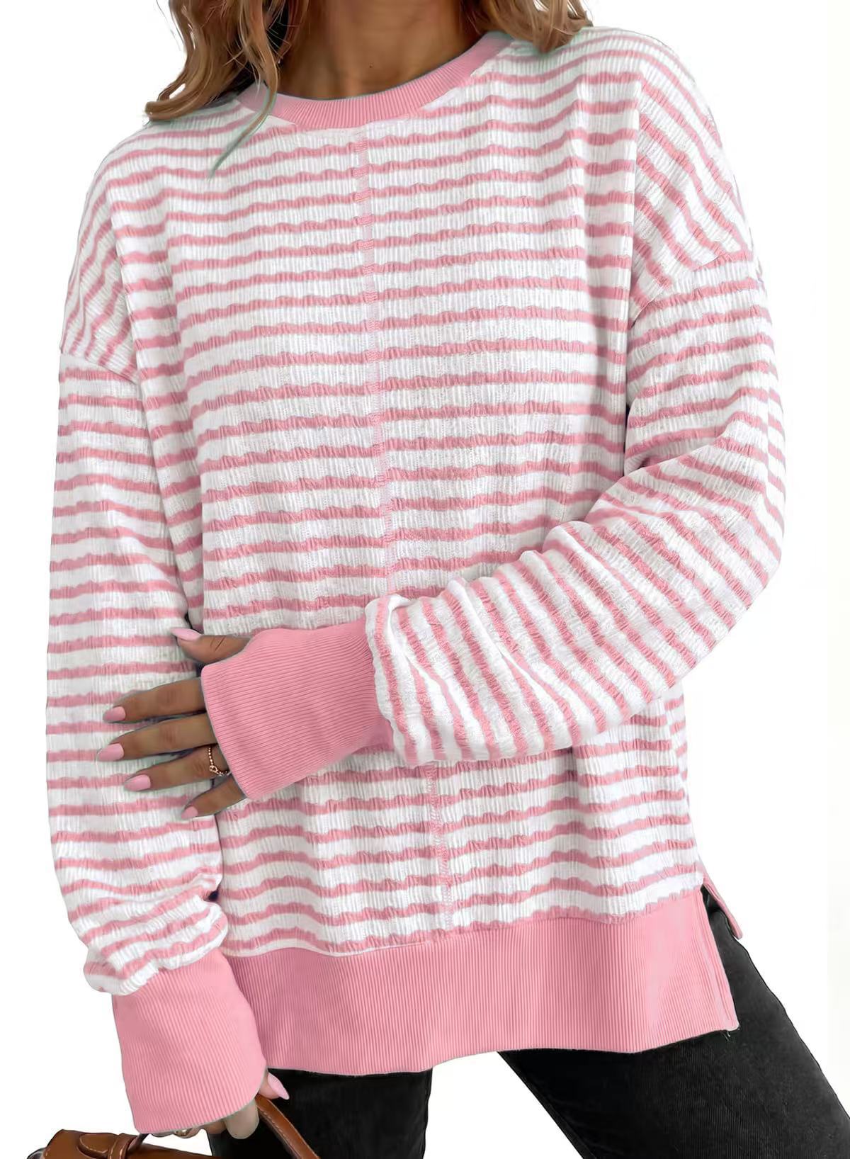 Textured Stripe Sweatshirt With Ribbed Contrast Trim - Pink