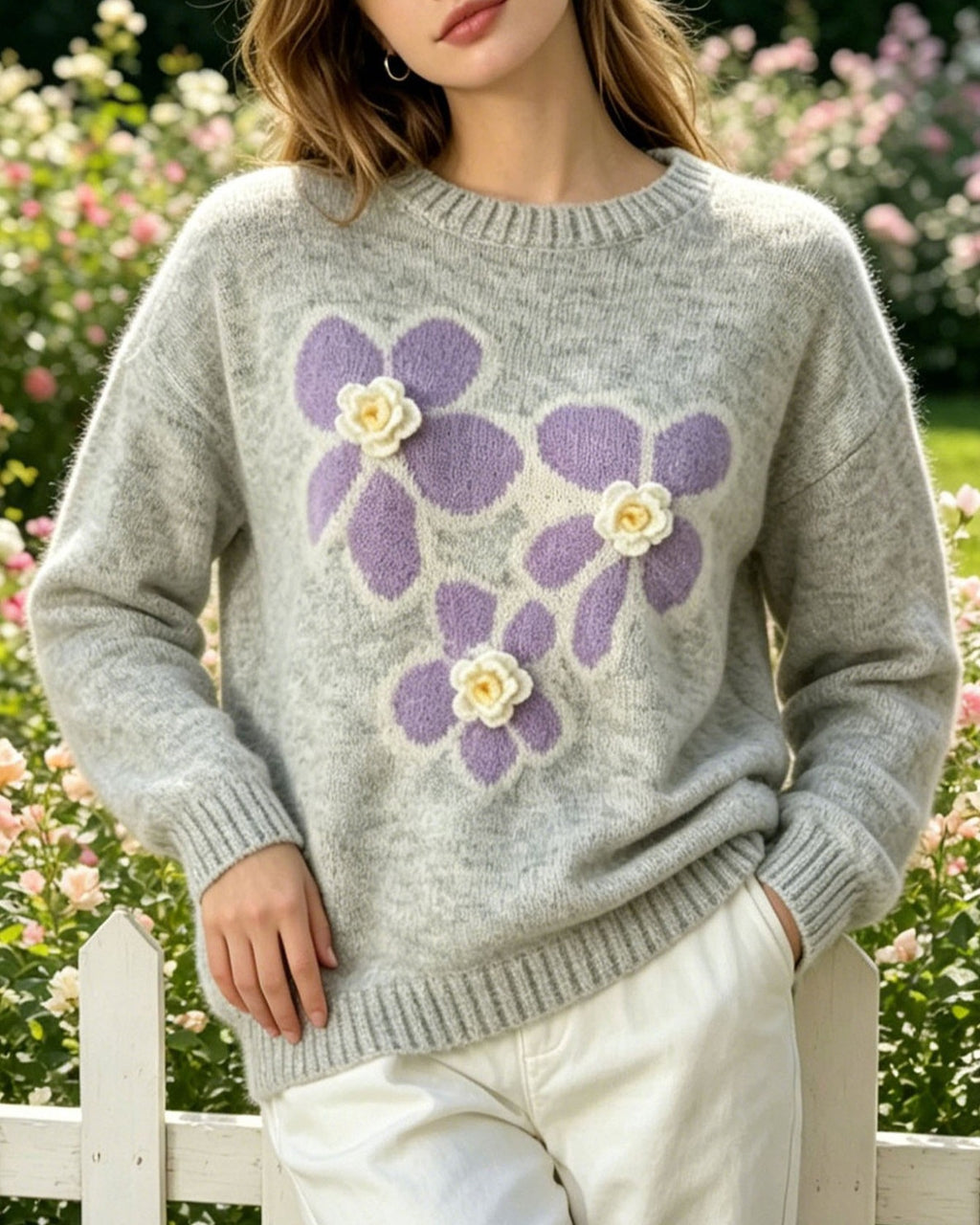 Blossom Patch Brushed Knit Sweater - Grey