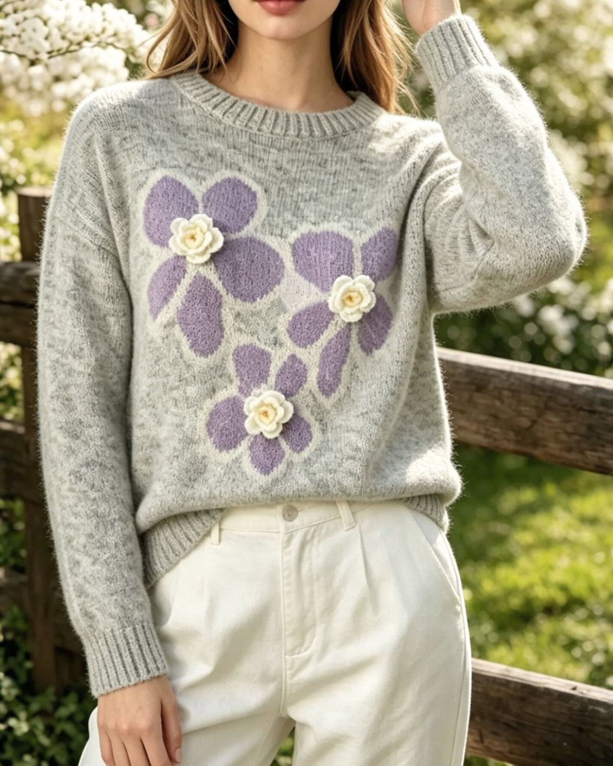 Blossom Patch Brushed Knit Sweater - Grey - 1