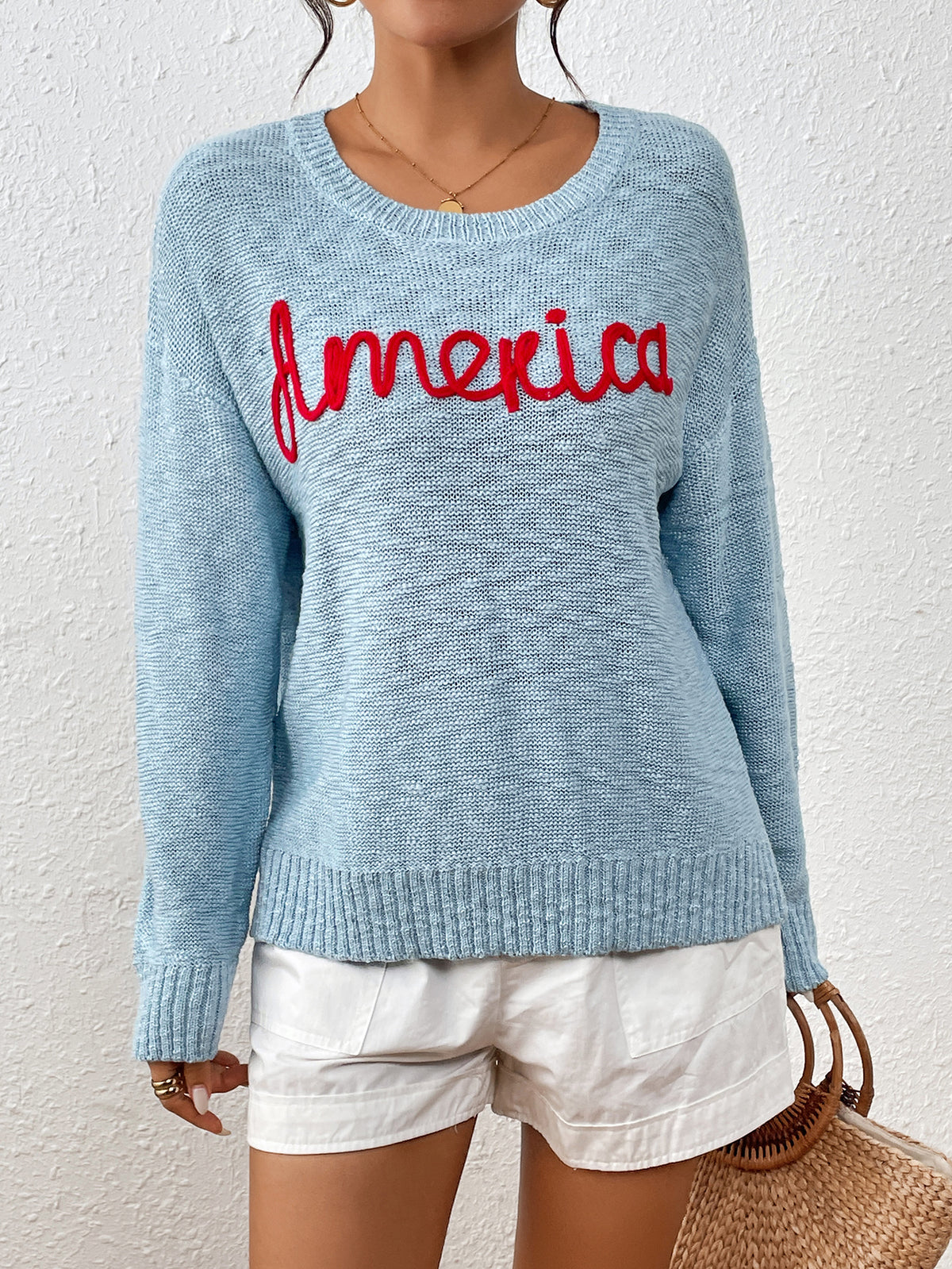 Embroidered America Script Knit Sweater - Blue