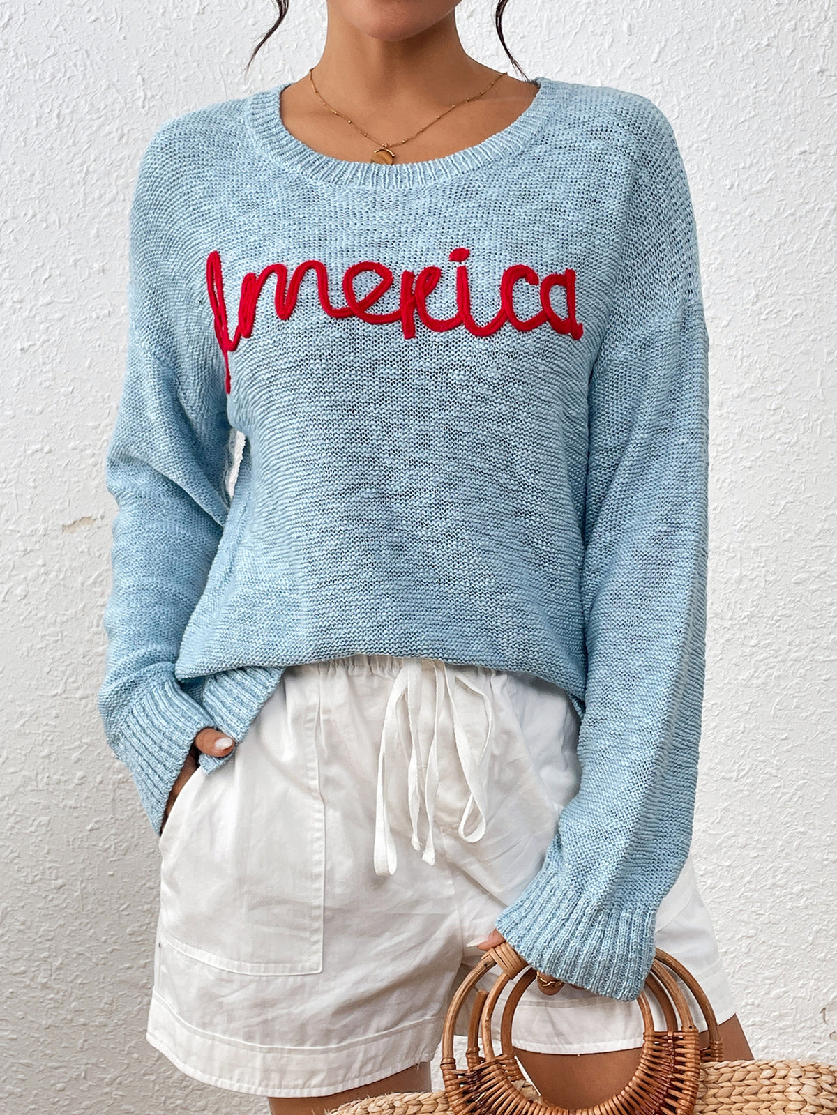 Embroidered America Script Knit Sweater - Blue - 1