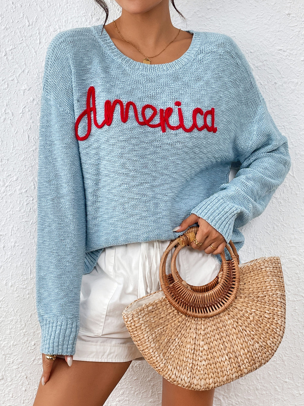 Embroidered America Script Knit Sweater - Blue - 2
