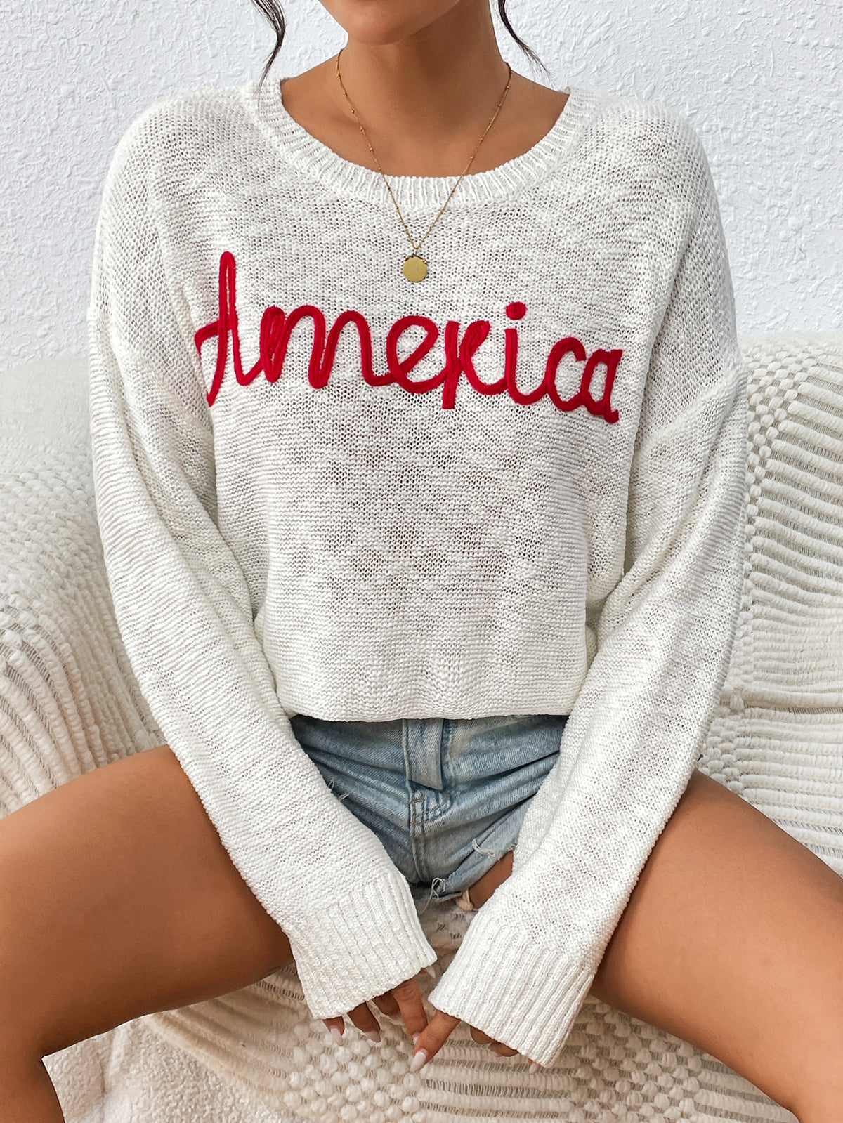 Embroidered America Script Knit Sweater - White - 3
