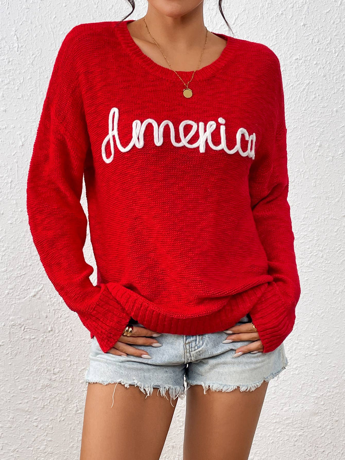 Embroidered America Script Knit Sweater