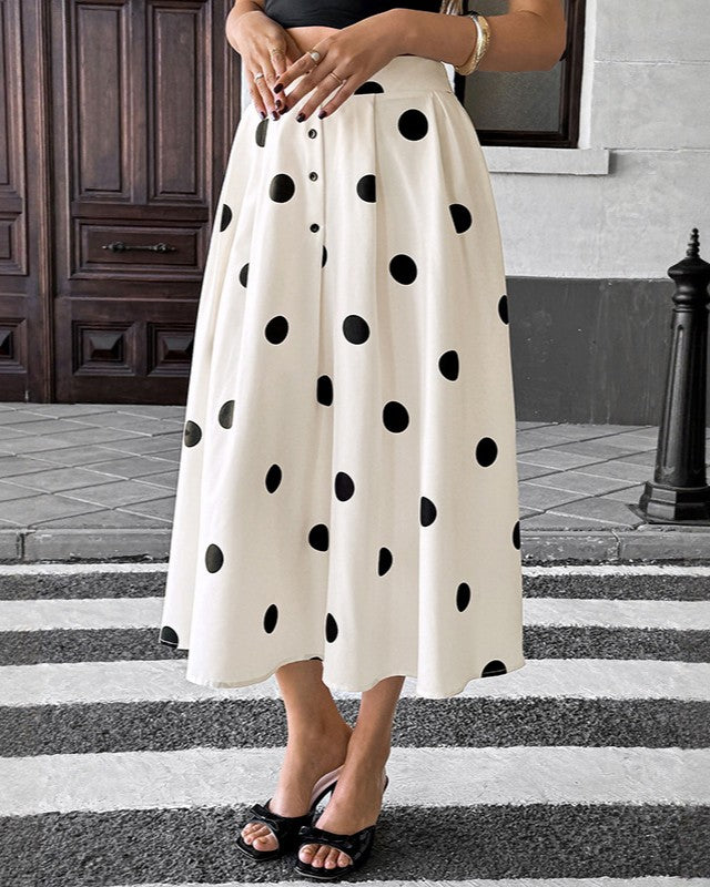 Polka Dot Pleated A Line Midi Skirt - Apricot - 1
