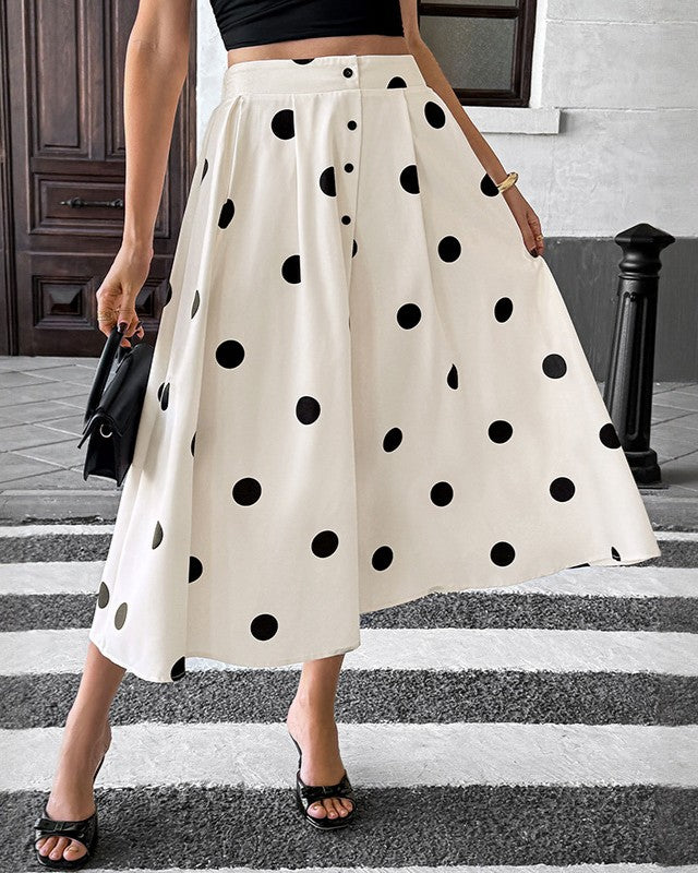 Polka Dot Pleated A Line Midi Skirt - Apricot - 2