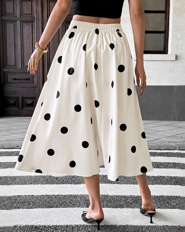 Polka Dot Pleated A Line Midi Skirt - Apricot - 3