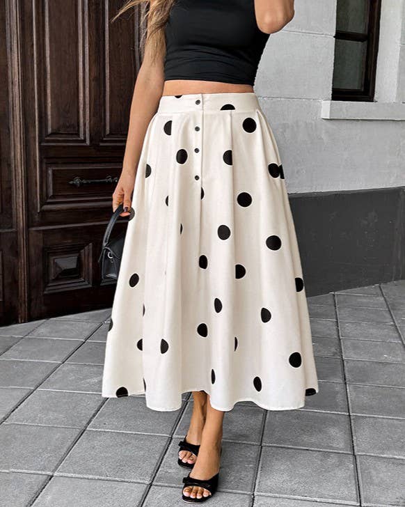 Polka Dot Pleated A Line Midi Skirt