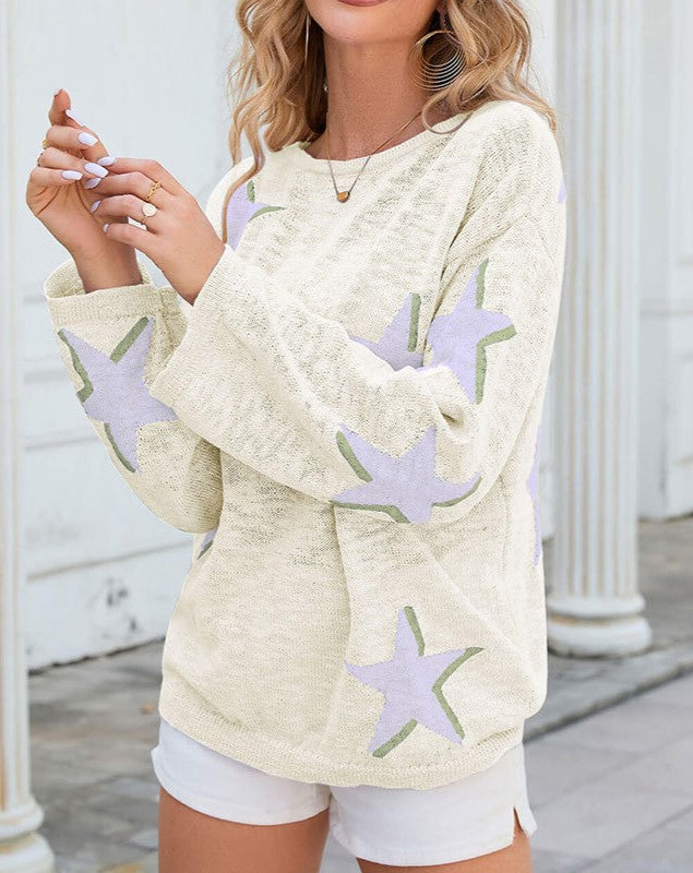 Star Jacquard Drop Shoulder Sweater - Apricot