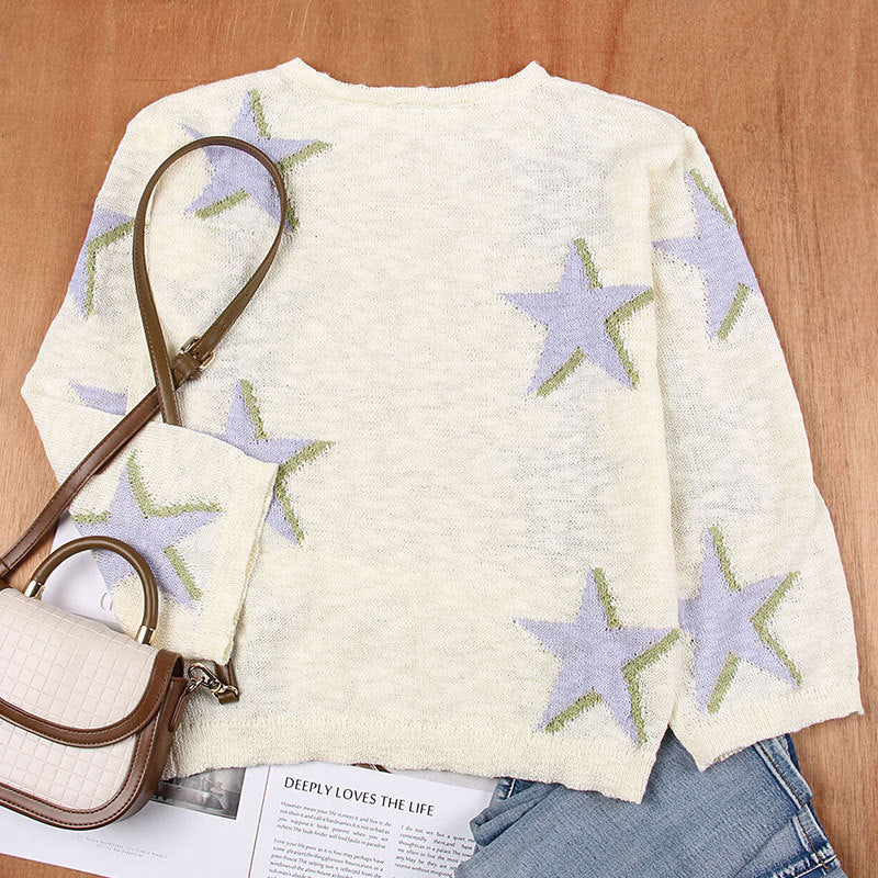 Star Jacquard Drop Shoulder Sweater - Apricot - 2