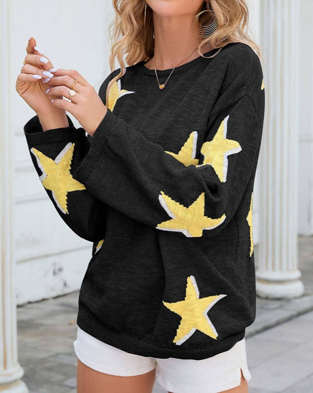 Star Jacquard Drop Shoulder Sweater - Black
