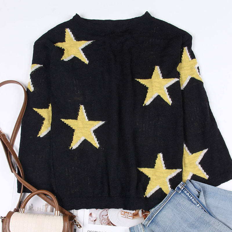 Star Jacquard Drop Shoulder Sweater - Black - 2