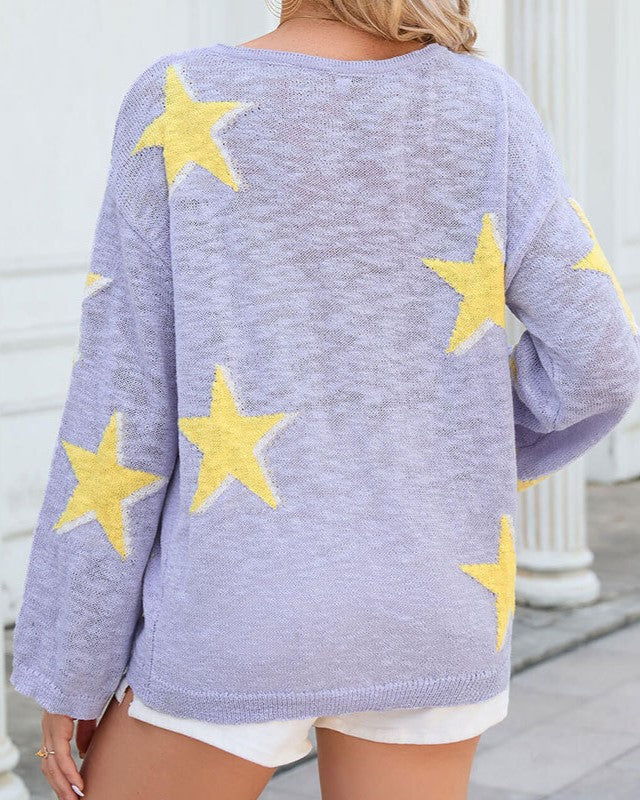 Star Jacquard Drop Shoulder Sweater - Purple - 1