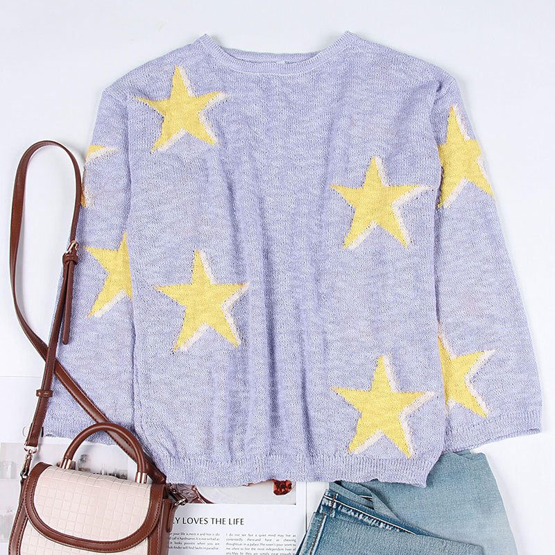 Star Jacquard Drop Shoulder Sweater - Purple - 2