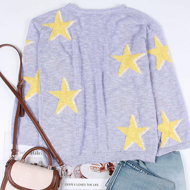Star Jacquard Drop Shoulder Sweater - Purple - 3