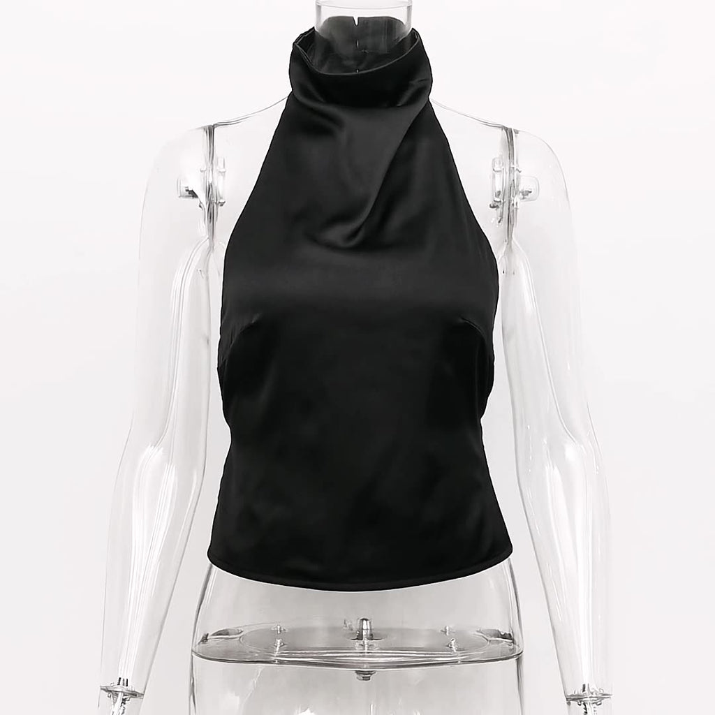 Draped Mock Neck Open Back Satin Tank - Black