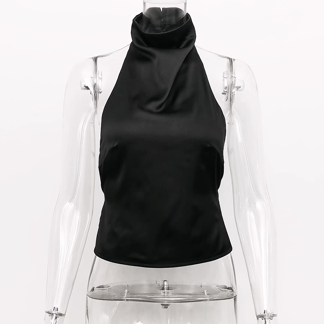 Draped Mock Neck Open Back Satin Tank - Black