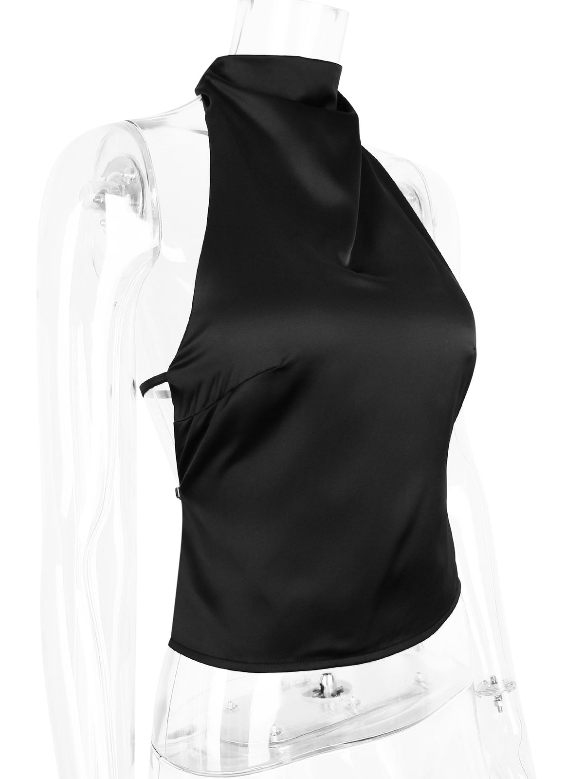 Draped Mock Neck Open Back Satin Tank - Black - 2