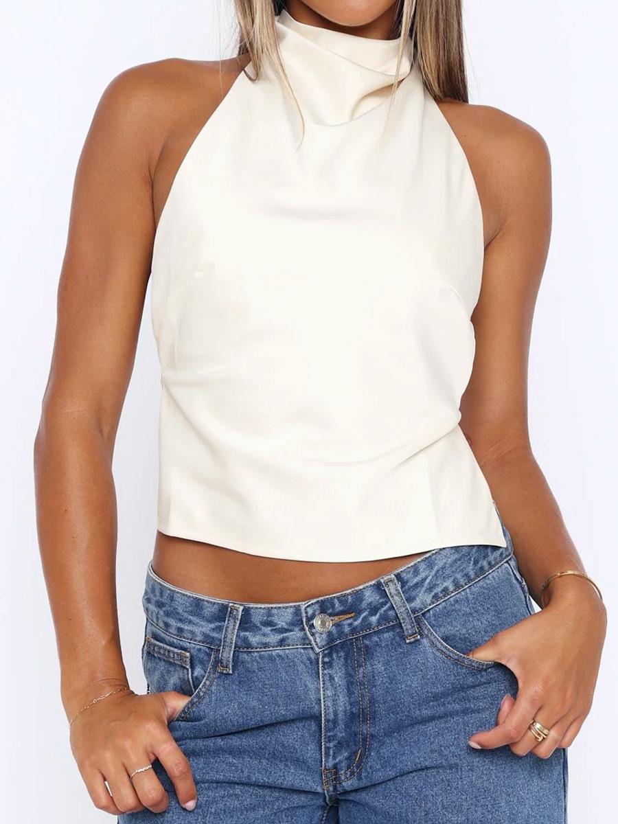Draped Mock Neck Open Back Satin Tank - White