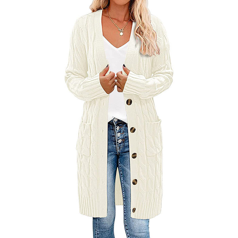 Cable Knit Longline Button Cardigan - Beige
