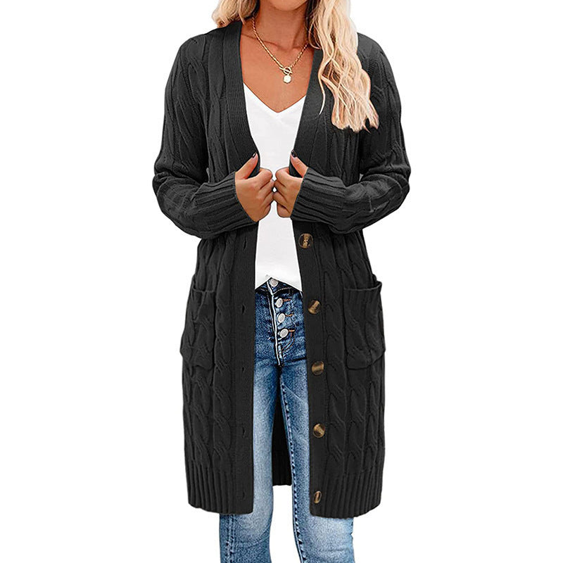 Cable Knit Longline Button Cardigan - Black