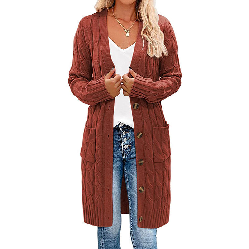 Cable Knit Longline Button Cardigan - BrickRed