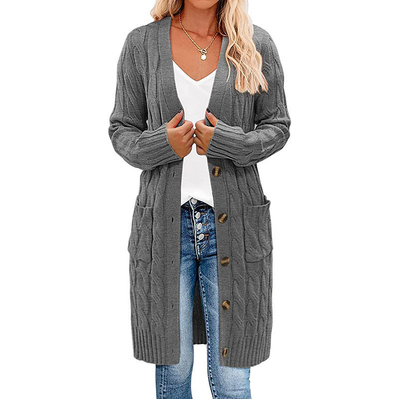 Cable Knit Longline Button Cardigan - DarkGray