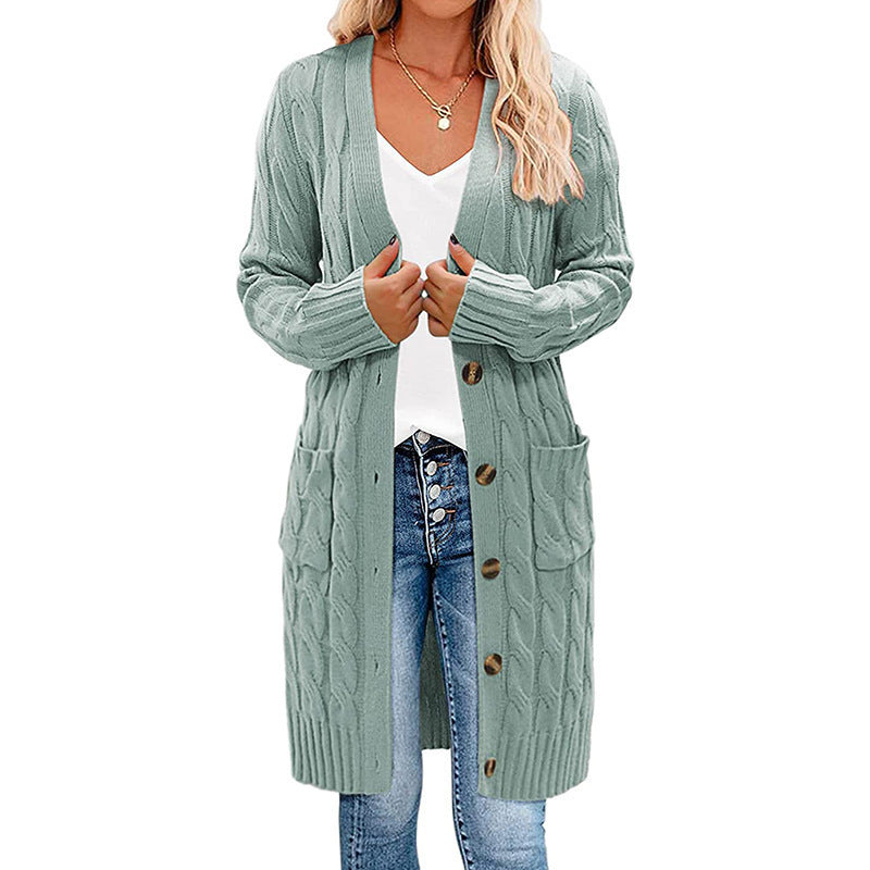 Cable Knit Longline Button Cardigan - Green
