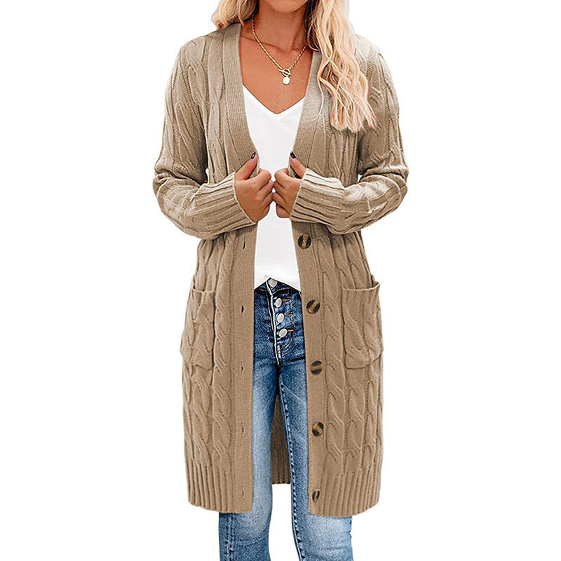 Cable Knit Longline Button Cardigan - Khaki