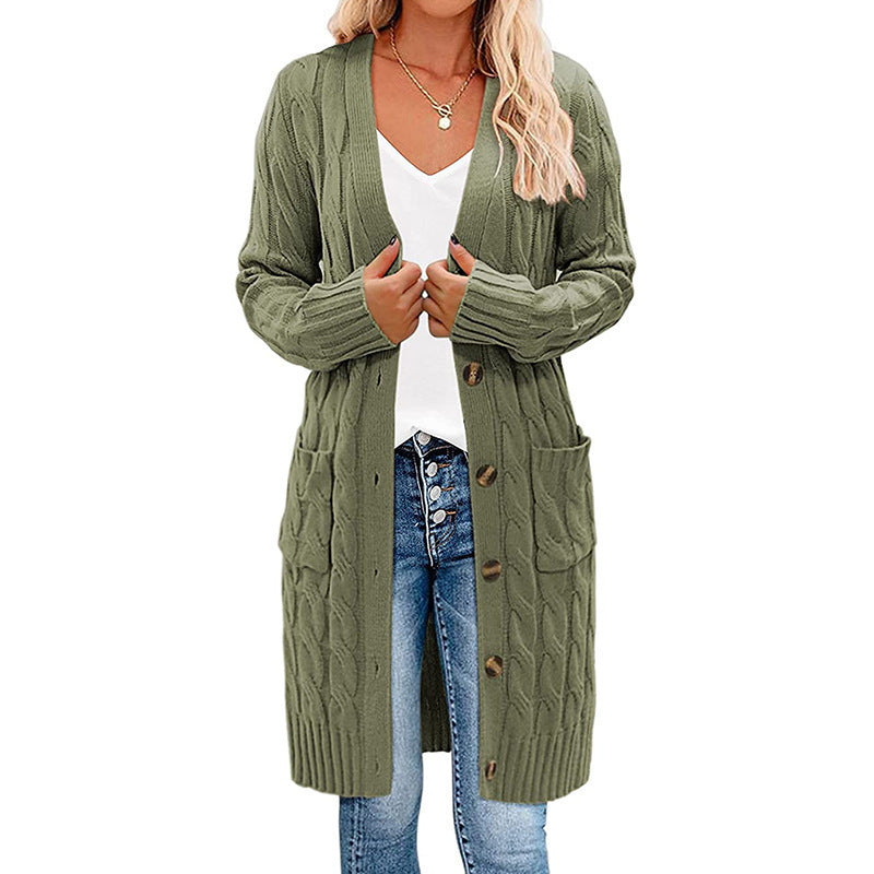 Cable Knit Longline Button Cardigan - Olive