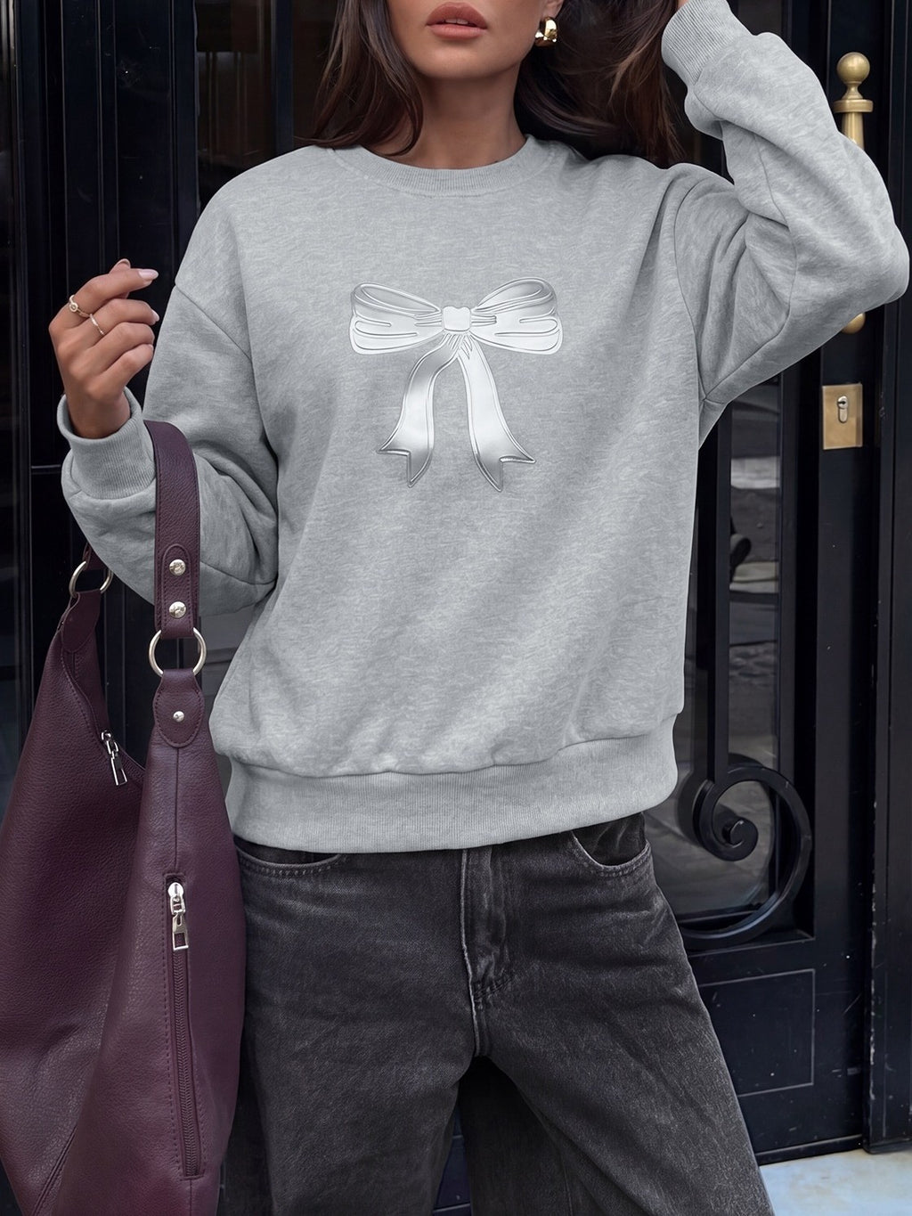Satin Bow Print Oversized Sweatshirt - Grey